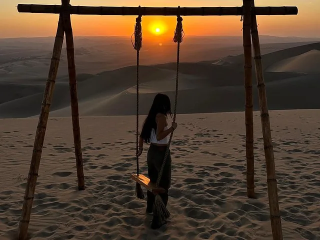 Person sitting on a wooden swing in the desert at sunset.
