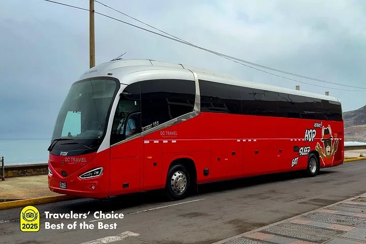 Red tour bus parked on a street near the ocean.